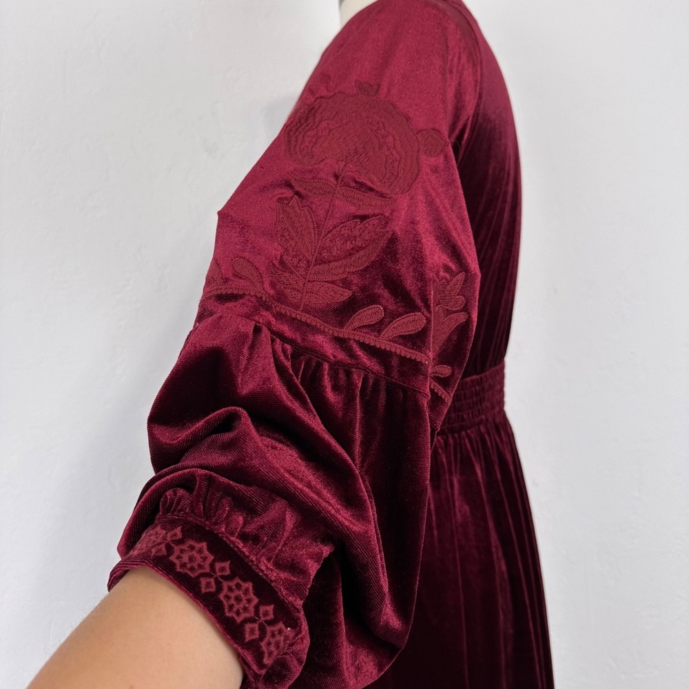 Whimsigoth Woodland Goth Renaissance Velvet Dress Small Burgundy Embroidered - Picture 6 of 9